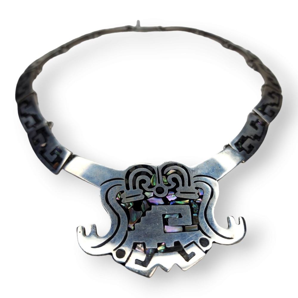 Taxco Sterling Silver Abalone‎ Inlay Link Necklace 17in Silver Excellent Vintage